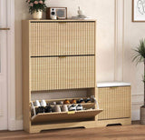 30.9" fluted shoe cabinet with 3 flip drawers and matching shoe bench in natural oak – front view