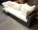3-piece modular gray wicker outdoor patio sectional with white cushion inserts – front view of the full set