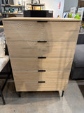 47.24" tall 5-drawer chevron fluted dresser in natural oak with black metal legs – actual item, front view