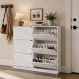 31.5" white 3-tier flip-drawer shoe storage cabinet – lifestyle entryway view with drawers open and closed