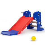 3-in-1 toddler slide with basketball hoop – red and blue dinosaur theme, fully assembled