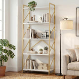 62.2 inch 5-tier bookshelf white shelves gold metal frame – lifestyle living room view