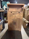 Oak fluted storage cabinet with 2 drawers, 2 doors and open shelf, assembled, front view