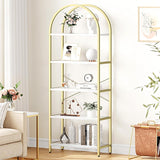70.87" arched 5-tier bookshelf gold metal frame white marble-look shelves – lifestyle living room