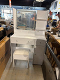 White vanity desk with LED mirror and stool – front view