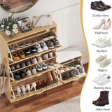 30.9" fluted shoe cabinet with 3 flip drawers and matching shoe bench in natural oak – drawers open