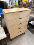 47.24" tall 5-drawer chevron fluted dresser in natural oak with black metal legs – actual item, angled full view