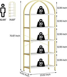70.87" arched 5-tier bookshelf white/gold – dimensions diagram 70.87 x 23.62 x 11.02 in, 30 lb per shelf