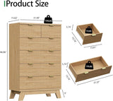31.5" tall fluted 6-drawer dresser natural oak – product size and drawer capacity diagram