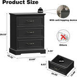 24" wide farmhouse 3-drawer dresser black – product size and drawer capacity diagram