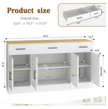 53.4" white farmhouse buffet cabinet – dimensions and internal storage diagram
