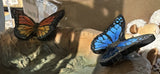 Tree stump birdbath with monarch and blue butterflies – butterflies close-up
