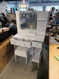 White vanity desk with LED mirror and stool – drawers open