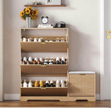 30.9" fluted shoe cabinet with 3 flip drawers and matching shoe bench in natural oak – front view with drawers open