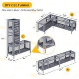 Modular wooden cat tunnel – 3 assembly modes with dimensions (straight, L-shape, tower)