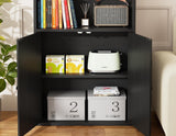 6-tier farmhouse bookcase black – bottom double doors open showing cabinet storage