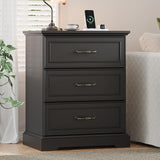 24" wide farmhouse 3-drawer dresser black – lifestyle next to sofa with charging station