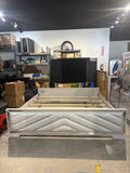 King bed frame with white upholstered chevron footboard – full front view with slats