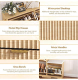 30.9" fluted shoe cabinet with 3 flip drawers and matching shoe bench in natural oak – features: waterproof top, gold handles, fluted flip drawers