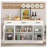 53.4" white farmhouse buffet – doors open showing adjustable shelves and storage