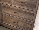 57" 7-drawer dresser in grey oak – real photo, raised-panel drawers and antique bronze handles detail