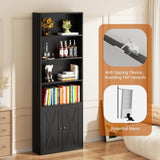 6-tier farmhouse bookcase black – lifestyle with anti-tip wall anchor kit