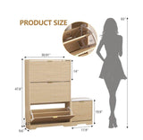 30.9" fluted shoe cabinet with 3 flip drawers and matching shoe bench in natural oak – size chart: 30.91" W x 9.6" D x 47.8" H cabinet, 17.9" W x 19.9" H bench