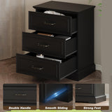 24" wide farmhouse 3-drawer dresser black – drawers open with handle, slides, and sturdy base detail