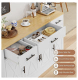 53.4" white farmhouse buffet – drawers open with farmhouse style feature callouts