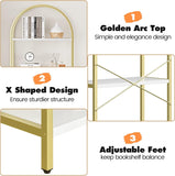 arched 5-tier bookshelf white/gold – golden arc top, X-shaped brace, adjustable feet