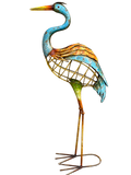 38.5 inch metal crane garden statue in blue and rust finish – side view facing left