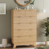 31.5" tall fluted 6-drawer dresser natural oak – lifestyle vanity styling with mirror