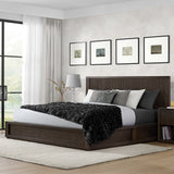 Henredon Ryland queen bed frame with oak veneers, dark brown – stock photo, styled bedroom