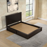 Henredon Ryland queen bed frame with oak veneers, dark brown – stock photo, angled room view