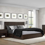 Henredon Ryland queen bed frame with oak veneers, dark brown – stock photo, bedroom view