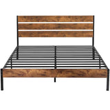 Queen Size 82.4”L x 62.1”W Metal Platform Bed Frame with Rustic Wood Headboard & Storage