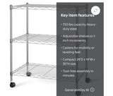 3-Tier Heavy Duty Rolling Wire Shelving Rack – 24” x 14” x 30” Chrome Storage Cart