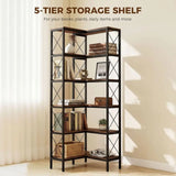 65.75”H 5-Tier L-Shaped Corner Bookshelf Industrial Wood & Metal Storage Display Shelf