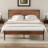 Queen Size 82.4”L x 62.1”W Metal Platform Bed Frame with Rustic Wood Headboard & Storage
