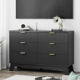 47" fluted 6-drawer dresser in black with gold handles – front view used as a TV stand