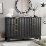 47" fluted 6-drawer dresser in black with gold handles – front view styled with mirror