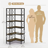 65.75”H 5-Tier L-Shaped Corner Bookshelf Industrial Wood & Metal Storage Display Shelf