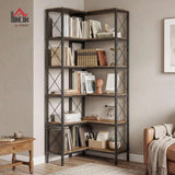 65.75”H 5-Tier L-Shaped Corner Bookshelf Industrial Wood & Metal Storage Display Shelf