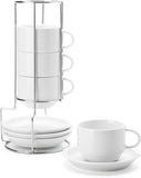 2.5 Ounce Porcelain Stackable Espresso Cups with Saucers and Metal Stand Set of 4, White