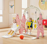 5-in-1 Toddler Indoor Outdoor Playset with Slide Swing Climber Basketball Hoop Pink & Yellow