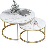 A Set of 2, 31.5” and 23.6” Modern Nesting Coffee Tables Gold Metal Frame with Marble Color Top