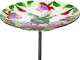 Alpine 10 inch glass stake birdbath with flowers and hummingbird – bowl detail