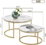 A Set of 2, 31.5” and 23.6” Modern Nesting Coffee Tables Gold Metal Frame with Marble Color Top