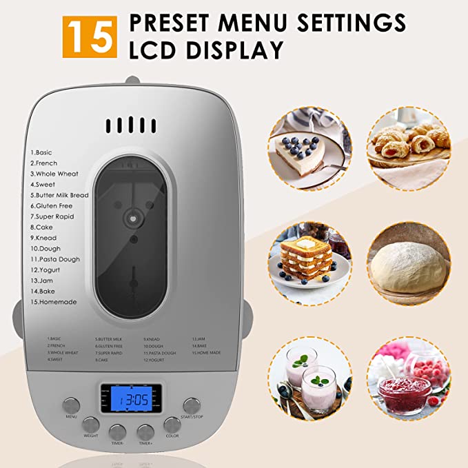 Bread Maker Machine Automatic Bread Machine with Dual Kneading Paddles 15-in-1 Breadmaker Dough Maker with Gluten Free Setting, 3 Loaf Sizes 3 Crust Colors, Nonstick Baking Pan, LCD Display, 15 Hours Delay Timer, White