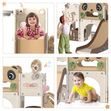 9-in-1 toddler slide and climber playset in brown and white – crawl-through tunnel and play panels